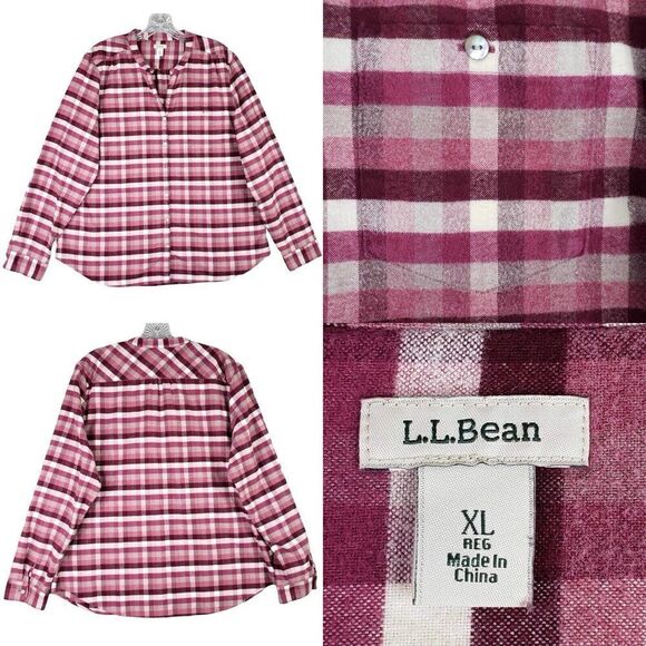 LL Bean Button Down Shirt LS Womens Size XL Plaid Check Pink Cotton - Picture 1 of 9